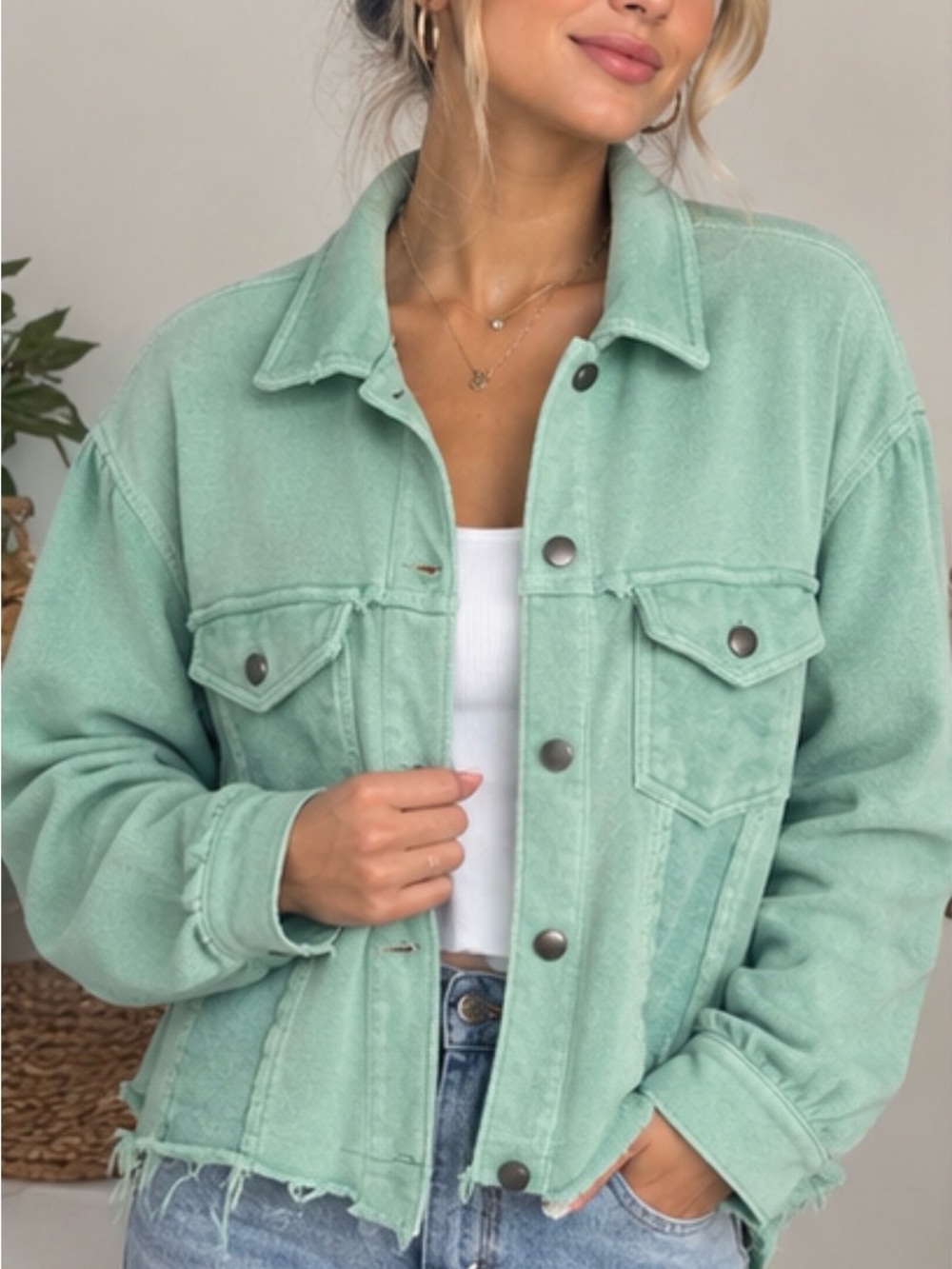 POL Mint Green Denim Shacket Button Front Utility Jacket Small